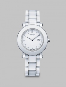 From the Fendi Ceramic Collection. A sleek ceramic design accented with a dazzling diamond dial and an useful date-function. Swiss quartz movementWater resistant to 5 ATMRound ceramic and stainless steel case, 38mm (1.5) Smooth white ceramic bezelDiamond accented white dial, .25 tcwBar hour markersDate display at 3 o'clockWhite ceramic and stainless steel link bracelet, 18mm wide (0.7)Made in Switzerland 