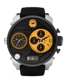 Never lose a second with this multifunctional watch by Diesel. Black canvas bracelet and round stainless steel case with black ion-plated bezel. Black knurled dial features three yellow-accented analog display dials, date window, chronograph, one digital display window and logo. Quartz movement. Water resistant to 30 meters. Two-year limited warranty.