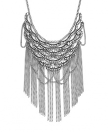 Fringe benefits. This sassy statement necklace from Bar III combines long layers of trendy chains, sparkling glass crystals, and a silver and hematite-plated mixed metal setting. Approximate length: 23 inches + 3-inch extender. Approximate drop length: 7 inches. Approximate drop width: 8 inches. Fringe benefits. This sassy statement necklace from Bar III combines long layers of trendy chains, sparkling glass crystals, and a silver and hematite-plated mixed metal setting. Approximate length: 23 inches + 3-inch extender. Approximate drop length: 7 inches. Approximate drop width: 8 inches.