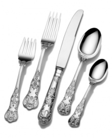 Like royal English armor, this fine sterling silver flatware goes to task with efficiency as well as opulence. Introduced during the reign of George IV, the Queens pattern features ornate shells, scrolls and floral designs with immense detail. Comes in a solid wood chest. Like royal English armor, this fine sterling silver flatware goes to task with efficiency as well as opulence. Introduced during the reign of George IV, the Queens pattern features ornate shells, scrolls and floral designs with immense detail. Comes in a solid wood chest.