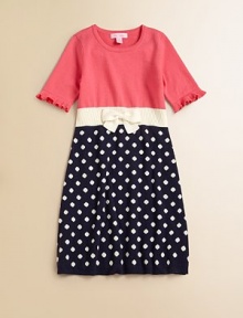 Polka dots and a charming bow breathe new life into this charming knit frock.ScoopneckShort sleeves with ruffled cuffsPullover styleWaistband with bow detailCottonMachine washImported Polka dots and a charming bow breathe new life into this charming knit frock.ScoopneckShort sleeves with ruffled cuffsPullover styleWaistband with bow detailCottonMachine washImported