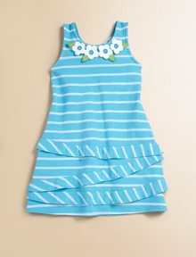 A daisy appliqué and slightly ruffled tiers accent this colorful striped frock.ScoopneckSleevelessBack keyhole button65% polyester/35% cottonMachine washImported A daisy appliqué and slightly ruffled tiers accent this colorful striped frock.ScoopneckSleevelessBack keyhole button65% polyester/35% cottonMachine washImported