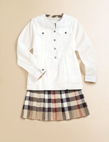 A crisp, classic go-with-everything basic featuring check trim at the collar and cuffs.Round, banded collarLong sleeves with button cuffsButton downFront patch pockets with buttons flapsGathered waistFlared hemCottonMachine washImported Please note: Number of buttons/snaps may vary depending on size ordered. A crisp, classic go-with-everything basic featuring check trim at the collar and cuffs.Round, banded collarLong sleeves with button cuffsButton downFront patch pockets with buttons flapsGathered waistFlared hemCottonMachine washImported Please note: Number of buttons/snaps may vary depending on size ordered.