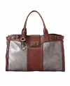 Metallic silver panels embellish the vintage-chic weekender bag from Fossil with modern edge.