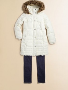 She'll brave the elements in style in this down-filled, quilted anorak design featuring ribbed knit cuffs She'll brave the elements in style in this down-filled, quilted anorak design featuring ribbed knit cuffs