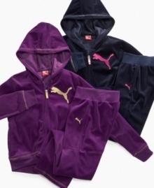 Cozy velour on these Puma hoodie give her a comfy look, perfect for hanging out or working out. Cozy velour on these Puma hoodie give her a comfy look, perfect for hanging out or working out.