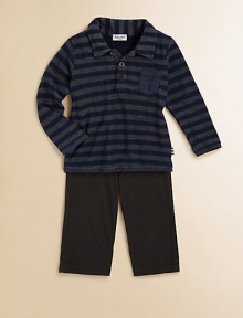 This handsome, matching set features a grown-up polo shirt with dapper stripes, patch pocket and cozy pants. Shirt Shirt collarLong sleevesButton-frontPatch pocket Pants Elastic waistband75% cotton/25% polyesterMachine washImported Please note: Number of buttons may vary depending on size ordered. 