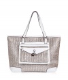 Give your party-ready ensemble extra appeal with this fun shoulder bag from Juicy Couture - Classic carryall style, top carrying handles, front zip pocket with charm detail and embossed logo, woven silver tote with contrasting white trim - Pair with a frilly party frock or wide leg trousers and a blouse and statement heels