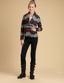 A striking print inspired by traditional Navajo designs distinguishes a cozy fleece jacket with a sophisticated charm.Wide shawl collar with hidden button closeLong sleeves with signature patch at one cuffSingle toggle-and-rope closePatch pocketsSlightly flared shape60% cotton/40% polyesterMachine washImported A striking print inspired by traditional Navajo designs distinguishes a cozy fleece jacket with a sophisticated charm.Wide shawl collar with hidden button closeLong sleeves with signature patch at one cuffSingle toggle-and-rope closePatch pocketsSlightly flared shape60% cotton/40% polyesterMachine washImported