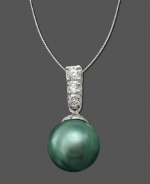 The epitomy of elegance. A smooth cultured Tahitian black pearl (9-10 mm) sits in a 14k white gold setting featuring a row of three sparkling round-cut diamonds (1/10 ct. t.w.). Approximate length: 18 inches. Approximate drop: 3/4 inch. The epitomy of elegance. A smooth cultured Tahitian black pearl (9-10 mm) sits in a 14k white gold setting featuring a row of three sparkling round-cut diamonds (1/10 ct. t.w.). Approximate length: 18 inches. Approximate drop: 3/4 inch.