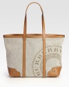 Chic heritage-print canvas in a roomy tote silhouette with rich leather trim.Double top handles, 10 dropProtective metal feetDetachable zip pouchCotton lining20½W X 13H X 5DMade in Italy