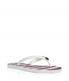 Stylish flip flops in multicolor rubber and plastic - A fun and functional warm weather accessory form New York cult label Marc Jacobs - White thong with logo embossed detail - Chic stripe motif and bird graphic in bold shades of blue, pink and red - Rubber upper and sole - Casually cool, great for the beach or pool and everyday leisure - Pair with jeans, shorts or a bikini