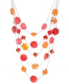 A not-so-elusive illusion necklace! Haskell's bold and bright style features fuchsia and orange square beads, small pink discs, and red faceted cherry beads. Five row design set in silver tone mixed metal. Approximate length: 18 inches + 3-inch extender. Approximate drop: 5 inches.