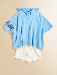 She'll fall head over heels for this supersoft hooded sherpa knit with hearts and lots of love.Attached hoodShort poncho sleevesPullover styleAsymmetrical hem65% cotton/35% polyesterMachine washMade in the USA She'll fall head over heels for this supersoft hooded sherpa knit with hearts and lots of love.Attached hoodShort poncho sleevesPullover styleAsymmetrical hem65% cotton/35% polyesterMachine washMade in the USA