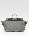 An extra roomy soft shape of fine toile canvas, with rich calfskin accents and expandable side-zips. Double leather top handles, 3¼ dropShoulder strap, 12½ dropMagnetic snap closureOne inside zip pocketInterior removable flashlightCotton lining21W X 11H X 8½DImported
