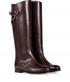 Rich boots of dark brown calf leather inspired by a classic equestrian look - Features a narrow shape with a rounded toe, high shank, small block heel and shiny burnish finish - Gold-colored decorative buckles - Ideal for knit dresses, mini skirts and skinny jeans