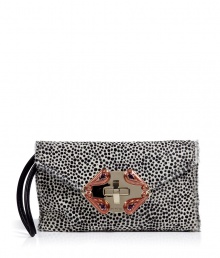 Add luxe appeal to any look with this edgy-cool spotted clutch from Etro - Classic envelope shape, front flap with turn-lock closure with brass-tone and crystal embellishment, small side handle, all-over spotted print - Pair with a cocktail sheath or wide leg trousers and a sheer blouse Add luxe appeal to any look with this edgy-cool spotted clutch from Etro - Classic envelope shape, front flap with turn-lock closure with brass-tone and crystal embellishment, small side handle, all-over spotted print - Pair with a cocktail sheath or wide leg trousers and a sheer blouse