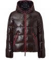 A sleek patina and vibrant contrast piping lend this Duvetica down jacket its sporty and stylish edge - In a lighter weight, wind- and water-resistant dark brown polyamide with red trim - Straight cut fits close to the body for extra warmth - Full zip, hood and oversize diagonal zippered pockets at front - Perfect for cold weather casual looks - Pair with jeans, chinos, cords and athletic pants