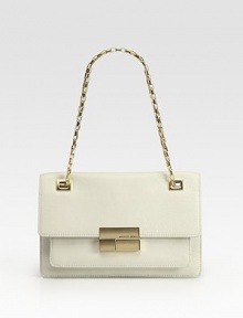 Sleek and lady-like, this demure flap design is crafted from supple leather with chic goldtone hardware and chain strap.Adjustable shoulder strap, 8½-16 dropPush-lock flap closure with keyOne open pocket under flapOne inside zip pocketTwo inside open pocketsCotton lining11W X 6H X 2DImported Sleek and lady-like, this demure flap design is crafted from supple leather with chic goldtone hardware and chain strap.Adjustable shoulder strap, 8½-16 dropPush-lock flap closure with keyOne open pocket under flapOne inside zip pocketTwo inside open pocketsCotton lining11W X 6H X 2DImported