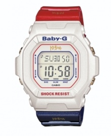 Show off your colors with this limited edition watch brought to you by a chic collaboration between pop star Ke$ha and Baby-G. Red and blue resin strap and square white case with blue and red logo accents. Shock-resistant, positive display, digital dial features LED light with afterglow, world time, four daily alarms, one snooze, countdown timer, stopwatch and 12/24-hour formats. Quartz movement. Water resistant to 100 meters. One-year limited warranty.