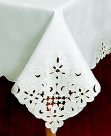 Swirling blooms embroidered in white or gold cut beautifully into the Lancelot table runner for decor in need of old-world elegance. A scalloped edge echoes the classic motif as it scrolls across your table. Swirling blooms embroidered in white or gold cut beautifully into the Lancelot table runner for decor in need of old-world elegance. A scalloped edge echoes the classic motif as it scrolls across your table.