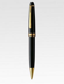 Ballpoint pen with twist mechanism, with barrel and cap made of precious resin and floating logo emblem.BallpointGold-plated clipResin with inlaid logo emblemAbout 5¼ longImported