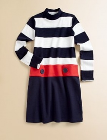 Rendered in ultra plush cotton, a striped mockneck top is connected to a solid skirt by a contrasting belt detail.MockneckLong sleevesPullovers styleDrop-waist with belt detailFull skirtCottonMachine washImported Rendered in ultra plush cotton, a striped mockneck top is connected to a solid skirt by a contrasting belt detail.MockneckLong sleevesPullovers styleDrop-waist with belt detailFull skirtCottonMachine washImported