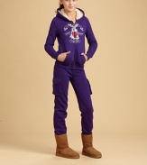 A pretty basic with an ultra-cozy sherpa-lined hood and a wintry crosstitch-style screened design on the front.Attached hood with plush sherpa liningFront zipLong sleeves with ribbed cuffsSplit kangaroo pocketsRibbed hem60% cotton/40% polyesterMachine washImported