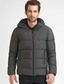 Rich and sophisticated textures elevate this sleek quilted outerwear style featuring an attached hood for added warmth and style.Zip frontStand collarAttached hoodSide zip pocketsAbout 29 from shoulder to hem57% nylon/43% polyesterDry cleanImported Rich and sophisticated textures elevate this sleek quilted outerwear style featuring an attached hood for added warmth and style.Zip frontStand collarAttached hoodSide zip pocketsAbout 29 from shoulder to hem57% nylon/43% polyesterDry cleanImported