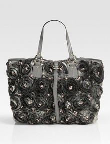 Exquisite taffeta roses bloom throughout this charming design, individually detailed with elegant pearls. Double leather top handles; 6½ drop Top tie ring closure One inside zip pocket Satin lined Metal feet 10½H X 13W X 6D Leather/taffeta Made in Italy Exquisite taffeta roses bloom throughout this charming design, individually detailed with elegant pearls. Double leather top handles; 6½ drop Top tie ring closure One inside zip pocket Satin lined Metal feet 10½H X 13W X 6D Leather/taffeta Made in Italy