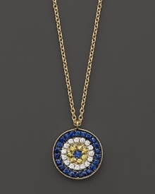 A diamond enhanced evil eye mixes with yellow and blue sapphires on a gold necklace. Matching bracelet sold separately. Designed by Meira T. A diamond enhanced evil eye mixes with yellow and blue sapphires on a gold necklace. Matching bracelet sold separately. Designed by Meira T.