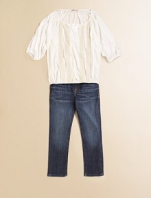 An essential three-quarter sleeved top is adorned with strands of lace for pretty style.Scoopneck with V-insetThree-quarter sleevesPullover styleElastic hem50% micro modal/50% supimaMachine washMade in USA An essential three-quarter sleeved top is adorned with strands of lace for pretty style.Scoopneck with V-insetThree-quarter sleevesPullover styleElastic hem50% micro modal/50% supimaMachine washMade in USA