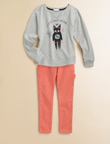 Sweatshirt styling in a lightweight French terry top, adorably adorned with a surprised mouse-consuming cat on the front.Banded round neckline with V insertLong raglan sleeves with band cuffsBanded bottom97% viscose/3% elastaneMachine washImported Sweatshirt styling in a lightweight French terry top, adorably adorned with a surprised mouse-consuming cat on the front.Banded round neckline with V insertLong raglan sleeves with band cuffsBanded bottom97% viscose/3% elastaneMachine washImported