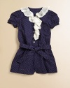 A stylish romper rendered in Swiss-dot cotton is accented with ruffled lace and a sash for the perfect seasonable ensemble.V-neck with ruffled lace trimShort puffed sleevesButton frontElastic waist with self-tie sashBottom snapsStriped ruffles at hemCottonMachine washImported Please note: Number of buttons/snaps may vary depending on size ordered. 