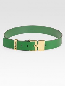 A chic design featuring supple leather embellished with a signature engraved metal buckle and chain link belt keeper. Width, about 1½made in Italy A chic design featuring supple leather embellished with a signature engraved metal buckle and chain link belt keeper. Width, about 1½made in Italy