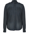 The classic jean shirt gets a contemporary remake in Iros leather trimmed black denim version, a Downtown-cool choice tailored to all-season sophistication - Short stand-up collar, long sleeves, buttoned cuffs, button-down front, epaulettes, shirttail hemline - Modern straight fit - Wear with edgy leather jackets and jet black skinny jeans