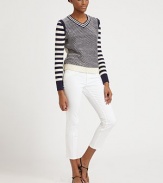 A casual-chic knit with a quintessential blend of textures and classic nautical hues.V-neckLong sleevesSolid trim along shoulders and hemAbout 22 from shoulder to hemCottonDry cleanImported Model shown is 5'9 (175cm) wearing US size Small. 