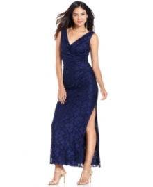 Onyx's lace gown is sophisticated and subtly sexy with a fitted silhouette and slit at the side hem.