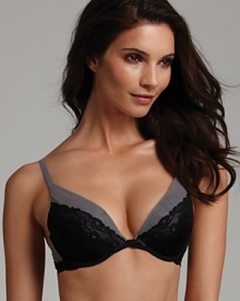An alluring lace contour bra with contrast lace trim along neckline and wings. An alluring lace contour bra with contrast lace trim along neckline and wings.