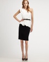 A dramatic one-piece, one-shoulder dress has an architectural top that's all about angles and folds, with a soft bubble hem that blouses over its slim skirt.Diagonal neckline with one pleated shoulder Pleated bodice with angled bubble hem Braided belt Smooth, slim skirt Side zip closure About 25 from natural waist 74% rayon/20% nylon/6% spandex Dry clean Imported