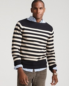 Sporting navy and white stripes, this Michael Kors sweater is a smart nod to nautical-inspired style. Sporting navy and white stripes, this Michael Kors sweater is a smart nod to nautical-inspired style.