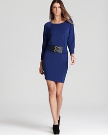 A faux leather belt adds a punch of modernity to a classic MICHAEL Michael Kors dress. Keep the look streamlined with black booties for sharp edge. A faux leather belt adds a punch of modernity to a classic MICHAEL Michael Kors dress. Keep the look streamlined with black booties for sharp edge.