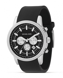 MICHAEL Michael Kors passes time with style. The black and silver chronograph watch has a black strap and features a date window and sweep second hand. MICHAEL Michael Kors passes time with style. The black and silver chronograph watch has a black strap and features a date window and sweep second hand.