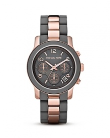 Grey is brightened with on-trend rose-gold tone in this sleek and contemporary timepiece from MICHAEL Michael Kors. Grey is brightened with on-trend rose-gold tone in this sleek and contemporary timepiece from MICHAEL Michael Kors.
