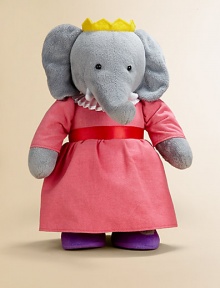 EXCLUSIVELY OURS. Babar's wife, Celeste, is made of soft plush and stands royally tall at 13 in a soft pink dress trimmed with satin ribbon and a white scalloped collar with a purple charm. She proudly wears a golden felt crown and purple shoes detailed with satin ribbon, so she is perfectly dressed to fashionably fulfill her royal duties. EXCLUSIVELY OURS. Babar's wife, Celeste, is made of soft plush and stands royally tall at 13 in a soft pink dress trimmed with satin ribbon and a white scalloped collar with a purple charm. She proudly wears a golden felt crown and purple shoes detailed with satin ribbon, so she is perfectly dressed to fashionably fulfill her royal duties.