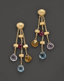 From the Paradise collection: A multi-colored grouping of semi precious stones on these linear earrings, designed by Marco Bicego.