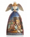 Jesus and the holy family get acquainted in this classic nativity scene, hand-painted in an angel's gorgeous gown. A meaningful gift or beautiful piece for prominent display, with the incredible detail of Jim Shore.