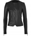 An edgy iteration of the trend-favorite moto jacket, J Brands laser cut version radiates hard-edge elegance with that cool urban feel - Collarless, long sleeves, zippered cuffs, double front zip closures, zippered pockets, black ribbed knit sleeve paneling - Shorter, tailored fit - Wear with just as edgy separates and jet black accessories