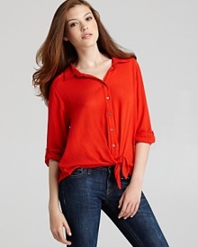 Accented with a chic tie at the waist, this Ella Moss button-down top masters the season's trends in vibrant style.