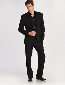 Impeccably tailored in Italy from all-season wool gabardine with hand-finished details and a clean, modern fit. Wool gabardine. Dry clean. Imported. JACKETTwo-button closure Chest welt, waist flap pockets Button cuffs Fully linedPANTSFlat front, belt loops Zip fly Lined to knee Quarter top pockets Side pockets Button back welt pockets Unfinished hems Impeccably tailored in Italy from all-season wool gabardine with hand-finished details and a clean, modern fit. Wool gabardine. Dry clean. Imported. JACKETTwo-button closure Chest welt, waist flap pockets Button cuffs Fully linedPANTSFlat front, belt loops Zip fly Lined to knee Quarter top pockets Side pockets Button back welt pockets Unfinished hems